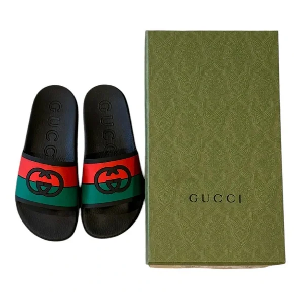Gucci Signature Classic Stripe Rubber GG Logo Interlock Slides Sandals NWT 40